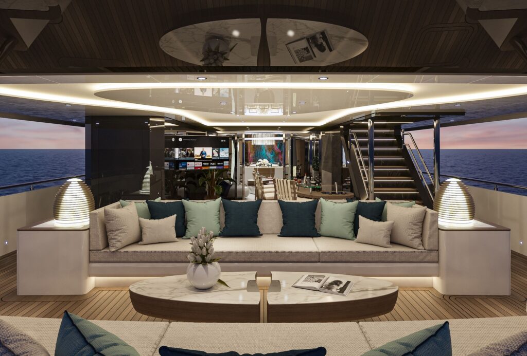 eternal spark yacht charter aft deck lounge at night
