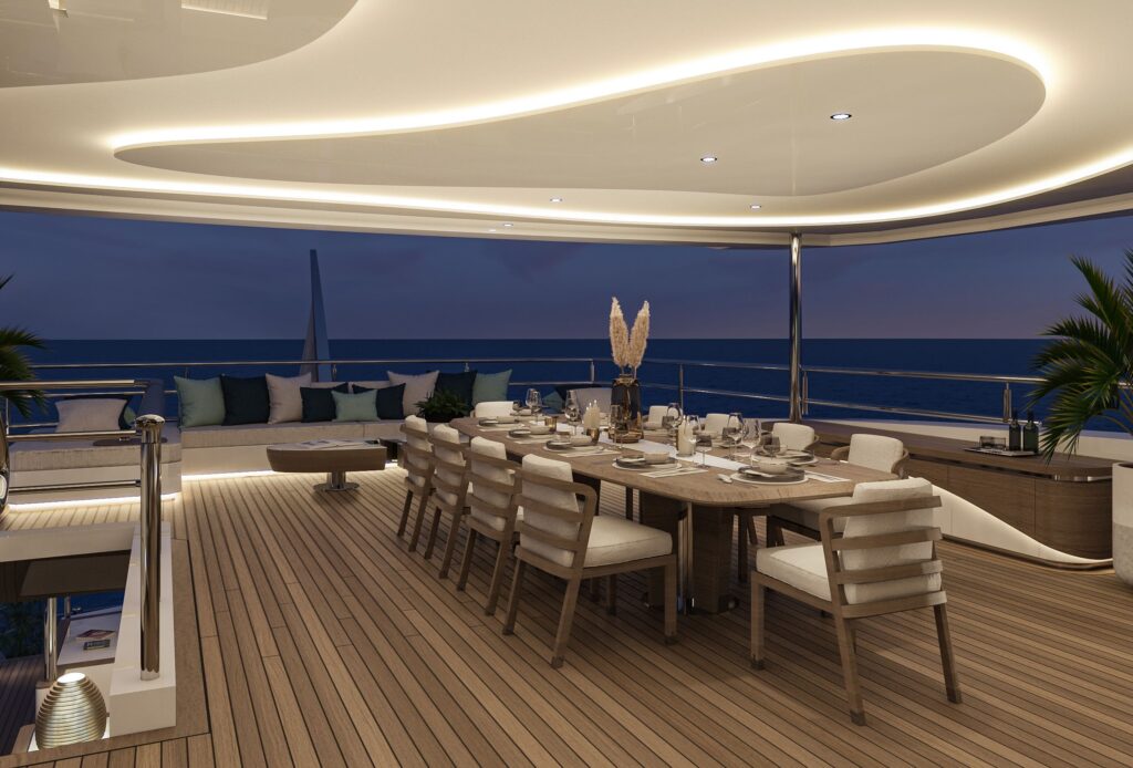 eternal spark yacht charter dining area at night