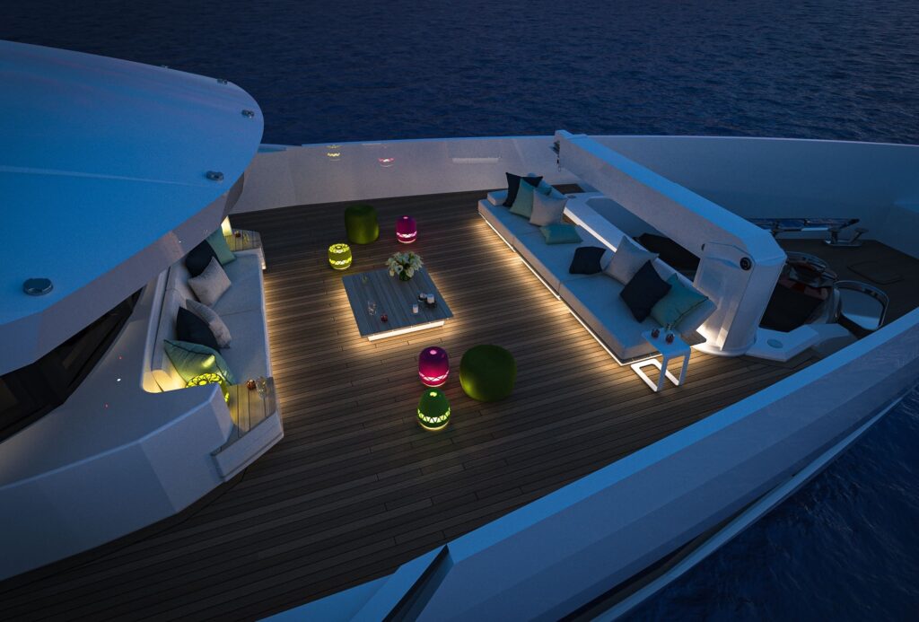 eternal spark yacht charter front deck at night